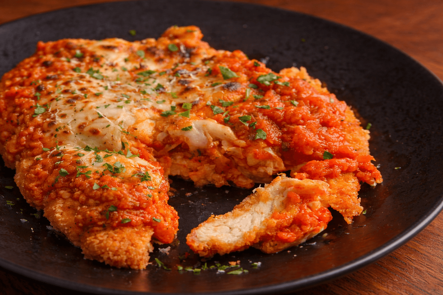 Crispy Chicken Parmesan with Rich Tomato Sauce and Melted Mozzarella
